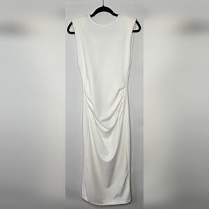 NWT Women's White Zara Padded Shoulder Midi Dress w/ Ruching V Back Size Small